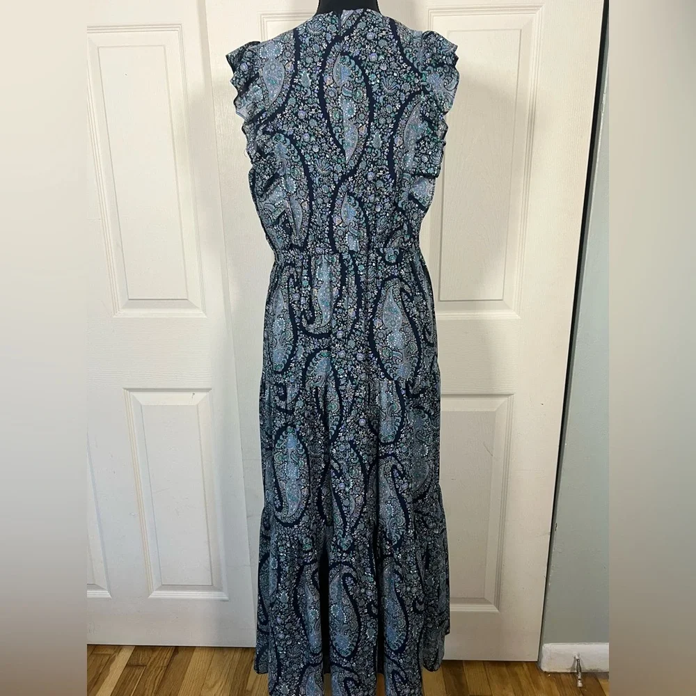 J.Crew Paisley Midi Dress Blue Ruffle Sleeve Fit Flare Spring 6